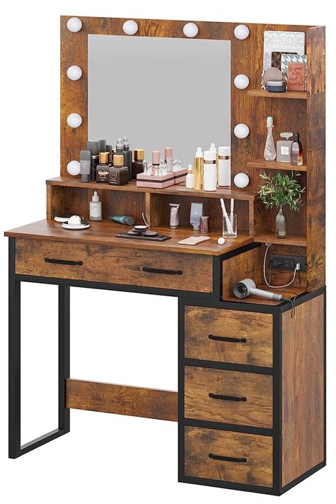 Tiptiper Vintage Makeup Vanity with Lights in 3 Colors, Vanity Table with Charging Station of 2 USB Ports and Outlets, Vanity Desk with Large Mirror, Drawers and Shelves, Rustic Brown and Black Wooden Vanity Desk, Vanity Rustic Makeup, Brown Vanity, Rustic Makeup Vanity Ideas, Western Desk, Brown Makeup Vanity, Western Vanity Makeup, Rustic Makeup Vanity, Western Make Up Vanity