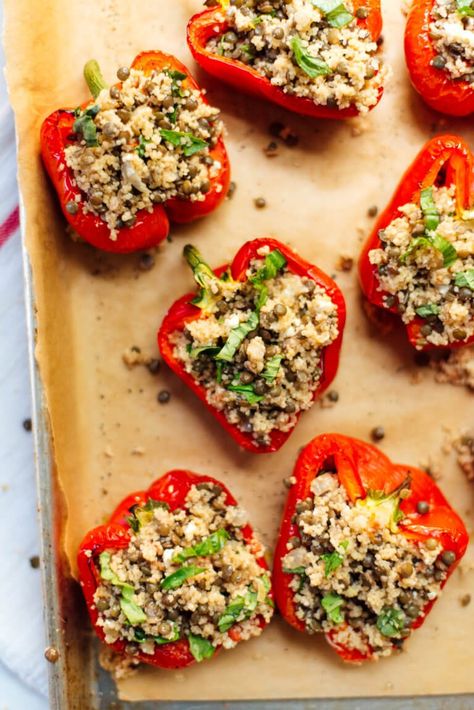 Lentil & Couscous Stuffed Peppers - Cookie and Kate Lentil Couscous, Lentil Stuffed Peppers, Couscous Stuffed Peppers, Bell Peppers Stuffed, Vegetarian Party Food, Vegetarian Stuffed Peppers, French Green Lentils, Stuffed Peppers Recipe, Lentil Pasta