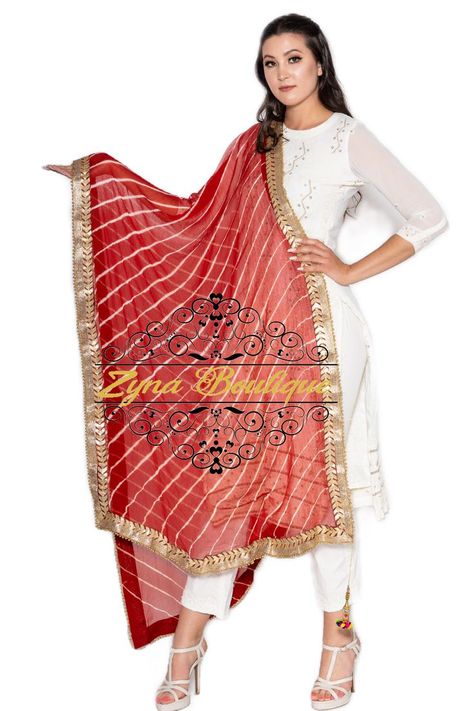 Adorn yourself with this red color chiffon dupatta in lehriya print with with Diagonal White Stripes & Matching Gota Patti Border Wrap around this versatile piece and match your favorite occasion. Contact us for more information or visit our website www.zynabutique.ca or Amazon Shop to Buy Leheriya Dupatta, Amazon Shop, Chiffon Dupatta, Amazon Shopping, Red Color, White Stripe, Hand Crafted, Chiffon, Saree