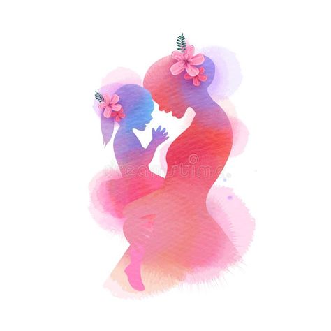 Happy mother`s day. Side view of Happy mom with daughter silhouette plus abstract watercolor painted.Happy mother`s day. Doubl vector illustration Mother And Daughter Drawing, Mom With Baby, Mother Daughter Art, Diy Mother's Day, Digital Art Painting, Pregnancy Art, Baby Silhouette, Mother Art, Baby Illustration