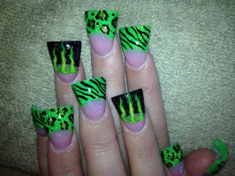 A must have Monster nails Fan Nails Wide, Monster Energy Nails Designs, Wide Square Acrylic Nails, Trashy Y2k Duck Nails, Scene Emo Nails, Emo Duck Nails, Supercross Nails, Scene Kid Nails, Monster Energy Nails