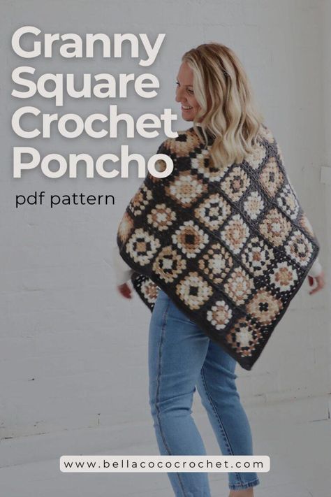 How to Crochet a Granny Square Crochet Poncho - Bella Coco Crochet Granny Square Poncho Pattern, Square Poncho Pattern, Crochet Granny Square Poncho, Bella Coco Crochet, Crochet Poncho Pattern, Granny Square Poncho, Crochet Machine, Crochet A Granny Square, Bella Coco