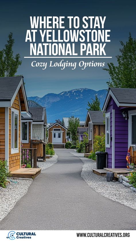 Charming cabins lined along a pathway with mountain views, showcasing cozy lodging options for those looking for where to stay at Yellowstone National Park. Yellowstone Family Vacation, Visiting Yellowstone National Park, Yellowstone Lodging, Yellowstone Vacation Planning, Yellowstone Lake, Yellowstone National Park Vacation, Yellowstone Vacation, Yellowstone Trip, Visit Yellowstone