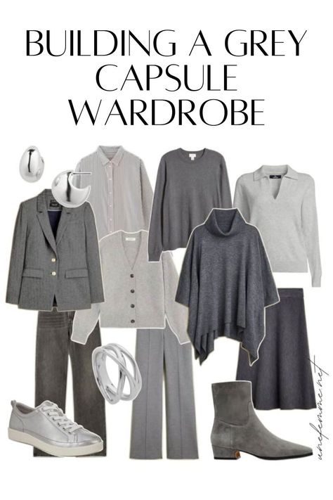 Discover chic grey capsule wardrobe ideas for both cool and warm palettes. Build a versatile, neutral wardrobe with different shades of grey, perfect for layering and mixing textures. Find out how to style these pieces for effortless everyday elegance! Colors That Go With Grey Outfits, Grey Monochrome Outfit, Grey Color Combos Outfit, What To Wear With Grey Pants, Grey And Cream Outfit, Gray Capsule Wardrobe, Grey Capsule Wardrobe, Soft Summer Capsule Wardrobe, Gray Outfits For Women