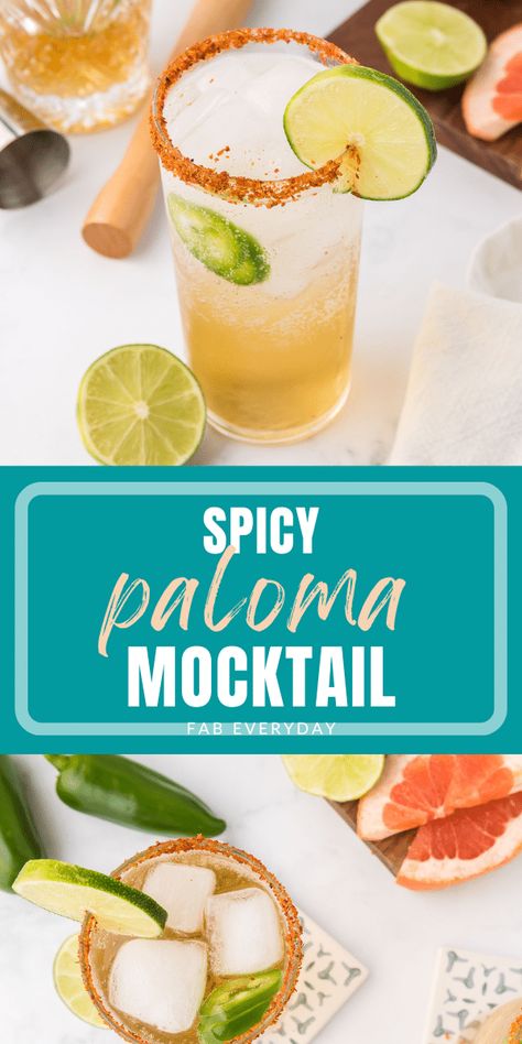 Mocktails Non Alcoholic Paloma, Mocktail With Tajin, Spicy Mocktail Recipe, Paloma Mocktail Recipe, Non Alcoholic Paloma, Jalapeno Paloma, Virgin Paloma, Spicy Paloma, Virgin Cocktail Recipes