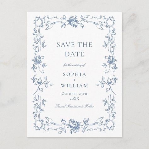 Elegant Blue French Toile Wedding Save the Date Toile Wedding, Map Wedding Invitation, Sunflower Wedding Invitations, Save The Date Postcard, French Toile, Save The Date Template, Blue French, Outdoor Wedding Decorations, Save The Date Postcards