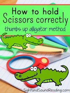 How to Hold Scissors:  Cute method to teach children how to hold the scissors:  Thumbs up, Alligator! Scissor Skills Preschool, Preschool Fine Motor Skills, Fine Motor Activities For Kids, Preschool Fine Motor, Scissor Skills, Fine Motor Skills Activities, Motor Skills Activities, Skills Activities, Teaching Preschool