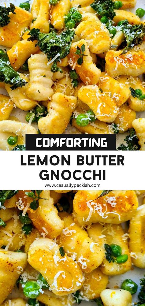 Close up of golden gnocchi with captions Gnocchi In Butter Sauce, Lemon Pepper Gnocchi, Gnocchi Dishes Vegetarian, Savoury Lemon Recipes, Gnocchi Recipes Lemon, Gnocchi Lemon Butter Sauce, Gnocchi Recipes Broccoli, Lemon Butter Gnocchi, Light Gnocchi Recipes