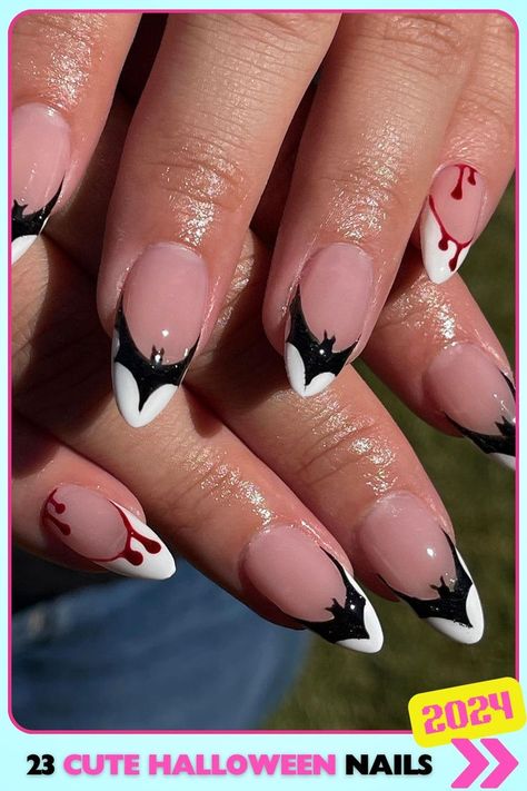 Black and white almond-shaped acrylic nails with blood drip effects on a glossy finish. These dramatic, cute Halloween nails are perfect for those who want to embrace the darker side of Halloween, ideal for themed events or parties. Nail Bat, Bat Nails, Nail Appointment, Nail Goals, Nagellack Trends, Halloween Press On Nails, Cute Halloween Nails, Easy Nails, Her Nails