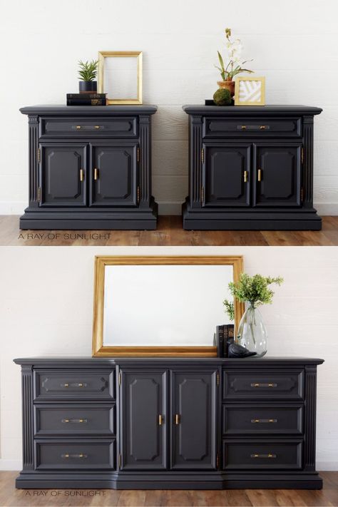 Painting A Bedroom Set Painting A Bedroom, 90’s Bedroom, Dark Gray Furniture, Painting Bedroom Furniture, Antique Bedroom Set, Grey Bedroom Paint, Gray Painted Furniture, Gray Furniture, Dresser Diy