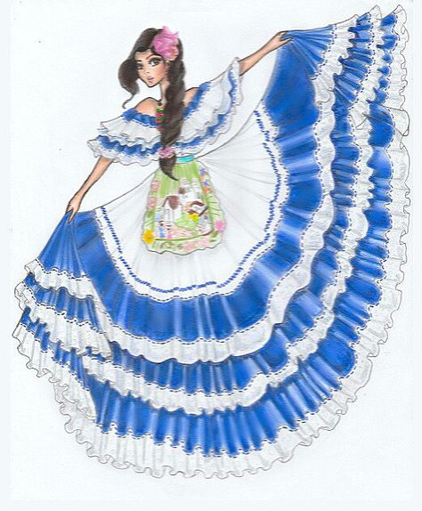 traditional honduran dress from 2009 miss univers contest, design by Henry Meza. Honduran Traditional Clothing, Salvadoran Traditional Dress, Traditional Honduran Dress, Honduras Traditional Dress, Honduran Culture Art, Mexican Dresses Drawings, Nicaragua Traditional Dress, Mexican Dress Drawing, El Salvador Dress