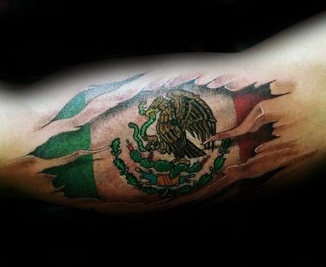 Mexican Eagle Flag Mens Bicep Tattoos With Ripped Skin Design Mexican Eagle Tattoo, Mexican Flag Tattoos, Eagle Tattoo Designs, Mexico Tattoo, Mexican Eagle, Mayan Tattoos, Mexican Tattoo, Usa Tattoo, Mexican Art Tattoos