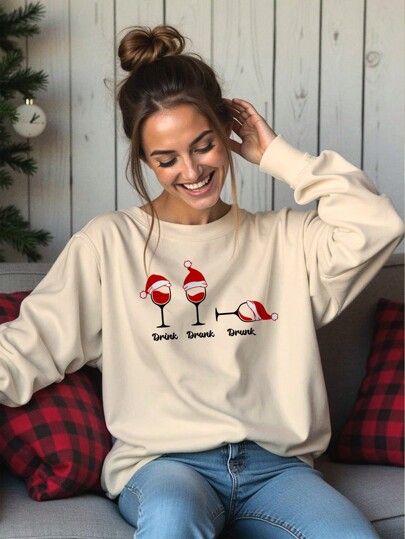 Cozy Drinks, Christmas Letter, Drink Drank Drunk, Animal Christmas, Knit Sleeve, Inspiration Mode, Christmas Sweatshirts, Long Sleeve Casual, Christmas Shirt