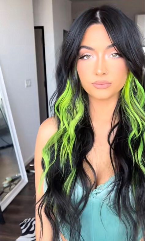 Black And Vibrant Hair, Black Hair With Streak Of Color, Black Hair With A Pop Of Color, Black Hair With Color Block, Dark Hair With Bright Colors Underneath, Low Maintenance Vivid Hair Color, Panel Hair Color, Shego Hair, Black Hair With Green Money Pieces