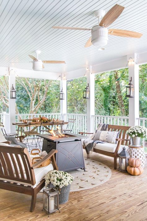 Fall Porch Tour and How to Add Cozy Style Outdoors - Bless'er House Back Porch Makeover, Palladian Blue Benjamin Moore, Lettered Cottage, Palladian Blue, Southern Cottage, Blue Ceilings, Porch Makeover, Decor Ikea, Summer Porch