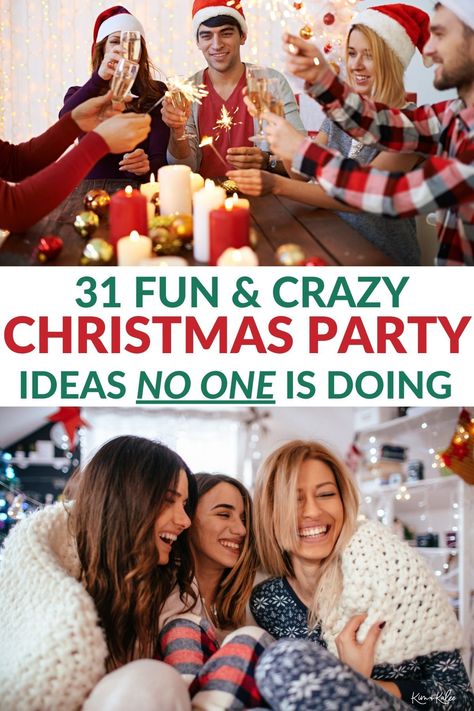 Are you looking for something new and memorable this holiday? Your guests will love these fun and crazy Christmas party ideas and themes! White Elephant Gift Exchange - Christmas movies - Christmas Party - Christmas Office Party Crazy Christmas Party, Holiday Work Party Ideas, Work Party Ideas, Group Christmas Ideas, Party Games For Groups, Sledding Party, Ladies Christmas Party, Christmas Party Games For Groups, Christmas Office Party