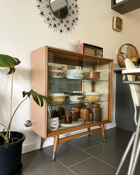 Bar Nook, Glass Display Cabinet, Glass Cabinets, 70s Home, 70s Home Decor, Glass Cabinets Display, Eclectic Living Room, Cabinet Makeover, Sideboard Designs