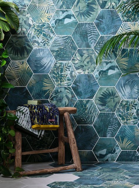 Tropical Tile, Teal Palette, Teal Bathroom Ideas, Porcelain Tile Bathroom, Tropical Bathroom, Large Curtains, Tropical Forest, Hexagon Tiles, Bathroom Wall Tile