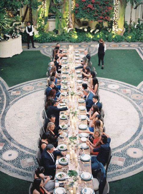 guests seated at family style long reception table outside Family Style Wedding Dinner, Family Style Weddings, Wedding Group Photos, Metallic Wedding Cakes, Miami Beach Wedding, Intimate Outdoor Wedding, Ballroom Reception, Wedding Reception Seating, Martha Weddings