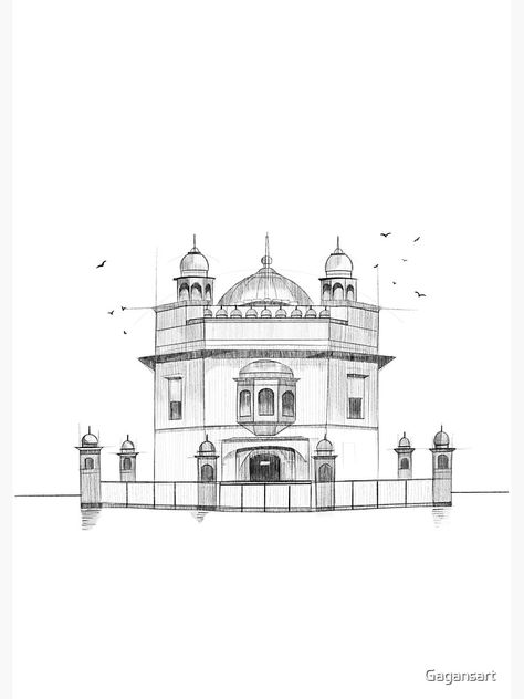 Golden Temple Illustration, Chaar Sahibzaade Drawing, Punjab Drawing, Golden Temple Drawing, Golden Temple Sketch, Temple Sketch, Easy Paintings For Beginners, Temple Drawing, Golden Temple Amritsar