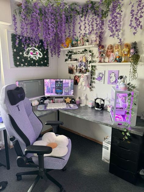 Pc Gaming Setup Black And Purple, Egirl Desk Setup, Purple Gaming Set Up Aesthetic, Girl Gaming Room Ideas, Aesthetic Gamer Bedroom, Blue And Purple Gaming Setup, Female Gamer Room Ideas, Egirl Gaming Setup, Aesthetic Streaming Room