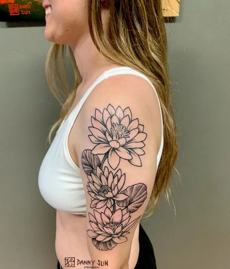 July Birth Flower Tattoos: Water lily Tattoo & Delphinium Lotus Flower Bouquet Tattoo, Water Lily Shoulder Tattoo, July Birth Flower Tattoo Water Lilies, Water Lily Tattoo Sleeve, Snowmobile Tattoo, July Birth Flower Tattoos, Larkspur And Water Lily Tattoo, Waterlilly Tattoo, Lily Tattoo Sleeve