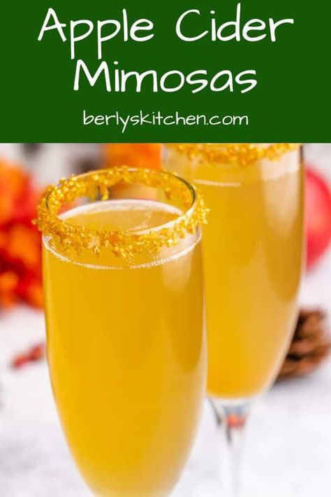 Apple Cider Mimosas (with Caramel Vodka) | Berly's Kitchen Apple Cider Mimosa Pitcher, Apple Drinks Alcohol, Carmel Vodka, Apple Cider Mimosa Recipe, Cider Mimosa, Pomegranate Mimosa, Cider Mimosas, Apple Cider Mimosa, Alcoholic Treats