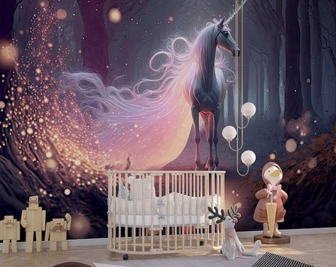 Rainbow Background With Winged Unicorn Silhouette With Stars Wallpaper Little Girls Bedroom Mural - Etsy Bedroom Unicorn Room Ideas, Peel And Stick Wallpaper Kids Room, Unicorn Bunk Bed, Unicorn Bedroom Ideas Kid Rooms, Unicorn Nursery Theme, Unicorn Bedroom Ideas, Unicorn Mural, Unicorn Wall Mural, Wallpaper Unicorn