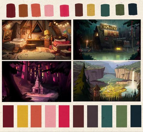 Bright vivid summer color palette for the animated mystery tv show Gravity Falls gravityfalls disney color colour colorpallete animation background landscape Concept Art Color Palette, Colour Palette For Illustration, Illustrations Color Palette, Environment Colour Palette, Colour Script Animation, Fantasy Color Palette Concept Art, Movie Pallets Color Palettes, Gravity Falls Landscape, Gravity Falls Color Palette