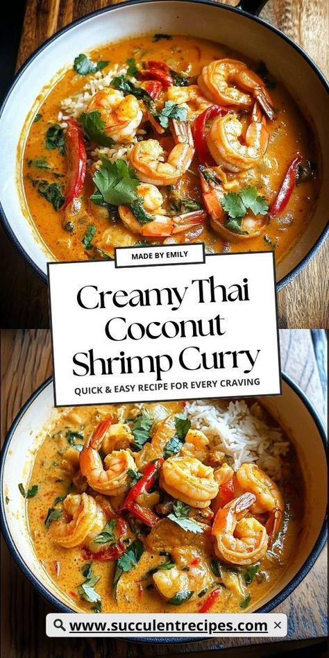 Indulge in this Thai Coconut Shrimp Curry, featuring plump shrimp in a creamy, aromatic sauce. Bursting with Thai spices and fresh herbs, this dish is a restaurant-quality meal you can make at home. Curry Ground Beef, Thai Coconut Shrimp, Thai Shrimp Curry, Coconut Shrimp Curry, Tai Food, Ramen Noodle Bowls, Sunday Soup, Coconut Curry Shrimp, Shrimp Curry