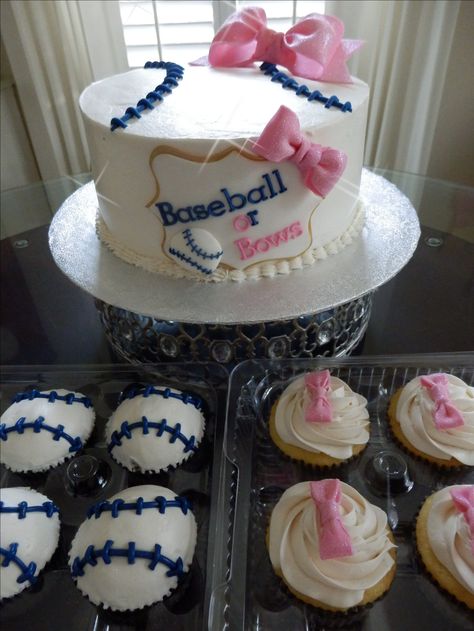 Gender Reveal Baseball or bows Gender Reveal Ideas Baseball, Gender Reveal Baseball, Baseball Gender Reveal, Gender Reveal Party Food, Bows Gender Reveal, Sunshine Decorations, Baby Reveal Cakes, Gender Reveal Baby Shower Themes, Baseball Ideas