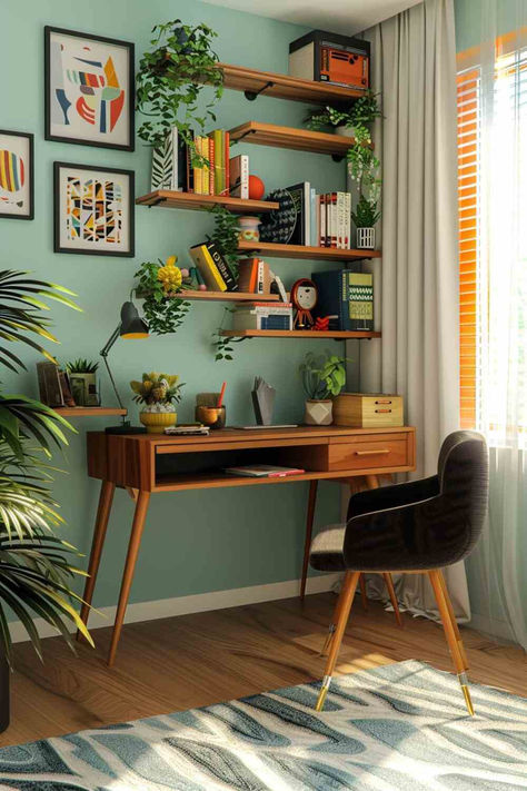 50+ Cozy Office Built-In Designs for Inviting Home Workspaces Home Office Near Window, Artsy Office Space, Office Earth Tones, Colorful Office Aesthetic, Colourful Home Office Ideas, Corner Desk Office Layout, Fun Home Office Ideas, Happy Home Office, Eclectic Office Design