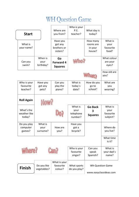 This Board Game is to practice personal questions for low level English speakersThere are 32 English questions to answerAll you need to... Wh Questions Speaking Cards, English Games For Adults, Questions And Answers Games, Wh Questions Games, English Questions, Wh Questions Activities, Calendar Skills, Speaking Games, Speaking Cards