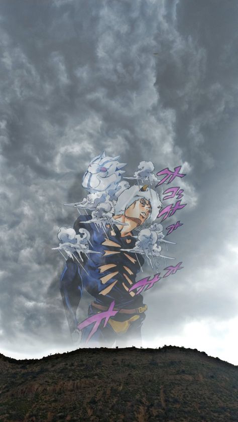 Clouds mountain shadows weather report Jojo bizarre adventure stand anime Japan Weather Forecast Jojo Wallpaper, Weather Report Wallpaper, Weather Forecast Jojo, Weather Report Jojo, Jojo Characters, Jojo Wallpaper, Hirohiko Araki, Posters Ideas, Stone Ocean