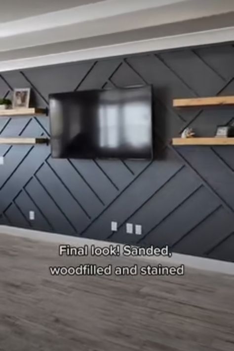 Modern Accent Wall With Shelves, Shiplap Tv Accent Wall Living Room, Bedroom Tv Accent Wall, Accent Behind Tv, Wall Accent Ideas Living Room, Black Wall Behind Tv, Accent Wall Behind Tv, Behind Tv Wall Decor, Wall Behind Tv