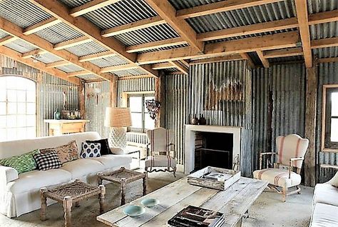 Eight Totally Terrific Barndominium Design Ideas With Corrugated Tin Corrugated Metal Wall, Tin Interior, Out In The Country, Barn Tin, Tin Shed, Corrugated Tin, Tin House, Shed Home, Hgtv Dream Home