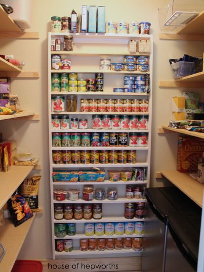 DIY pantry shelf - super easy to build. Tutorial at www.houseofhepworths.com Pantry Shelving For Canned Goods, Shallow Pantry Wall Narrow Shelves, Walk In Pantry With Cleaning Storage, Walk In Pantry Can Storage, Pantry Can Shelf, Narrow Walk In Pantry With Fridge, Storing Home Canned Goods, Narrow Pantry Shelves, Storing Canned Goods In Pantry