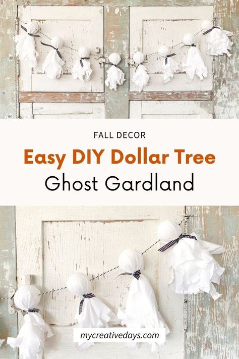 Easy DIY dollar store ghost garland for Halloween. Looking for a fun and easy DIY Halloween decoration and Halloween craft? This cute DIY ghost garland is so easy to make, and it’s the perfect Halloween craft or kids and adults! Click through for the full tutorial. Dollar tree Halloween crafts Ghost Garland Diy, Diy Ghost Decoration, Diy Halloween Ghosts, Ghost Garland, Diy Ghost, Easy Diy Halloween Decorations, Ghost Diy, Dollar Tree Halloween, Dollar Store Halloween