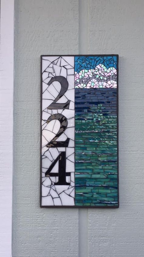 Mosaic Tile House Numbers, House Number Mosaic Ideas, Mosaic Welcome Signs, Mosaic Door Numbers, Mosaic Address Sign, Glass On Glass Mosaic Ideas, Glass Mosaic Art Ideas, Address Mosaic, Mosaic Art Ideas Easy