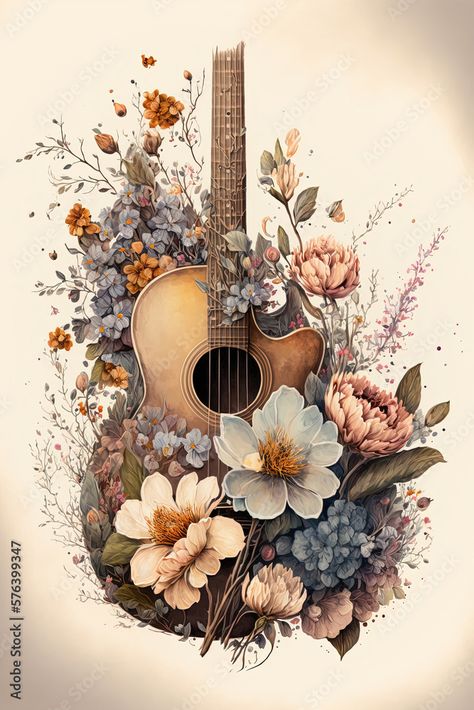 Acoustic Guitar With Flowers Tattoo, Country Music Drawings, Country Music Tattoos, Country Music Aesthetic, Guitar Flowers, Boho Guitar, Guitar Posters, Wallpaper Iphone Boho, Love Pink Wallpaper