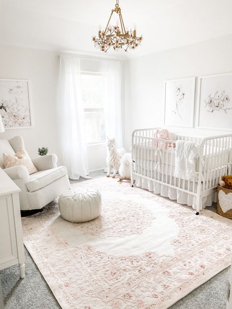 Nursery Pottery Barn Kids, Light Blush Nursery, Nursery With Rug On Hardwood, Nursery Rugs On Carpet, Girlie Nursery Ideas, Rug Placement In Nursery, Pink Nursery Rug Ideas, Neutral And Blush Nursery, Light Pink And White Nursery