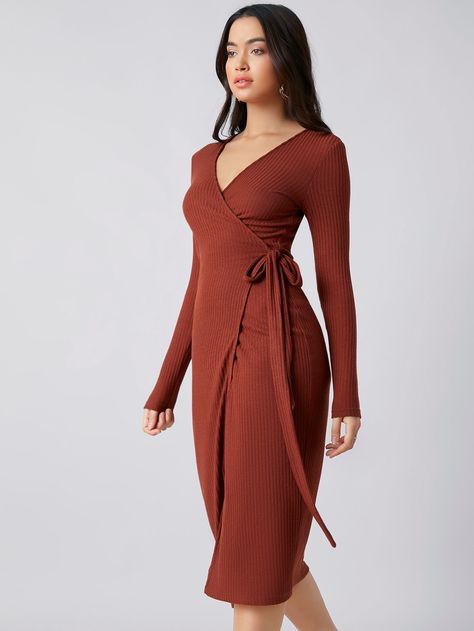 Rib-knit Wrap Belted Dress | SHEIN USA Grey Shades, Jersey Wrap Dress, Knit Wrap Dress, Dresses Beautiful, Dress Blouse, Wrap Belt, Knit Wrap, Bodycon Fashion, Print Dresses