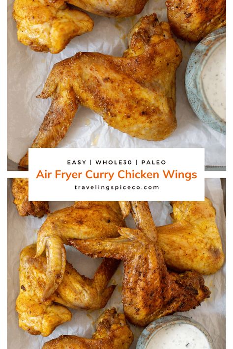 Air Fryer Curry Chicken Wings – Extra crispy and flavorful, these wings have all the curry flavor you love. Slightly spicy and dipped in a cool Tzatziki sauce. Oven cooking instructions included. #chickenwings #whole30chicken #airfryerchickenwings Air Fryer Curry, Curry Chicken Wings, Baked Curry Chicken, Chicken Wings Recipe Oven, Wings In The Oven, Crispy Wings, Air Fryer Chicken Wings, Tailgating Recipes, Tzatziki Sauce