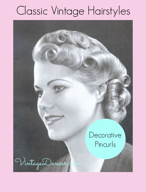 Pin curls could also be utilised in a final hairstyle as a decorative feature. 1930 Hairstyles, 1930s Hairstyles, Easy Vintage Hairstyles, 1930s Hair, 1920s Hair, 1940s Hairstyles, Pin Curls, Medium Long Hair, Retro Hairstyles