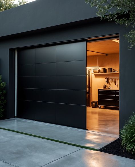 Matte Black Garage 🖤🖤🖤 Modern Garage Design Interior, Black Garage Interior, Matte Black House, Black Garage Doors, Black Garage, Garage Designs, Black Lifestyle, Big Garage, Garage Design Interior