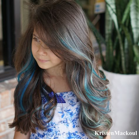 Highlights Long Brown Hair, Kid Highlights Hair, Blue Peekaboo Highlights, Highlights For Dark Hair, Blue Peekaboo, Gymnastics Meet, Kids Hair Color, Peekaboo Hair Colors, Jojo Levesque