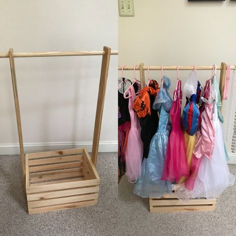 Diy Mini Clothes Rack, How To Organize Dress Up Clothes, Baby Clothes Hanger Stand Gift, Small Dress Up Area, Kids Costume Storage Ideas, Diy Dressup Closet, Diy Kids Dress Up Station, Toddler Dress Up Station, Diy Dress Up Storage