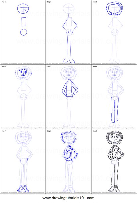 How to Draw Coraline Jones from Coraline printable step by step drawing sheet : DrawingTutorials101.com How To Draw Coraline, Coraline Drawing Easy, Coraline Drawing Sketch, Cool Art Drawings Sketches, Drawing Ideas Simple, Coraline Characters, Coraline Drawing, Henry Selick, Sketches Drawing