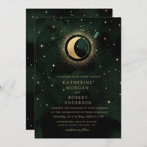 Sky Midnight, Emerald Green Wedding Invitations, Emerald Green Wedding Theme, Celestial Wedding Theme, Witch Wedding, Dark Green Wedding, Dark Wedding Theme, Starry Night Wedding, Emerald Green And Gold