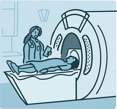 Illustration of a person getting an MRI scan Radiology Student, Body Scan, Pet Scan, Basic Anatomy And Physiology, Tissue Types, Mri Scan, Medical School Motivation, Indie Y2k, Medical Tests